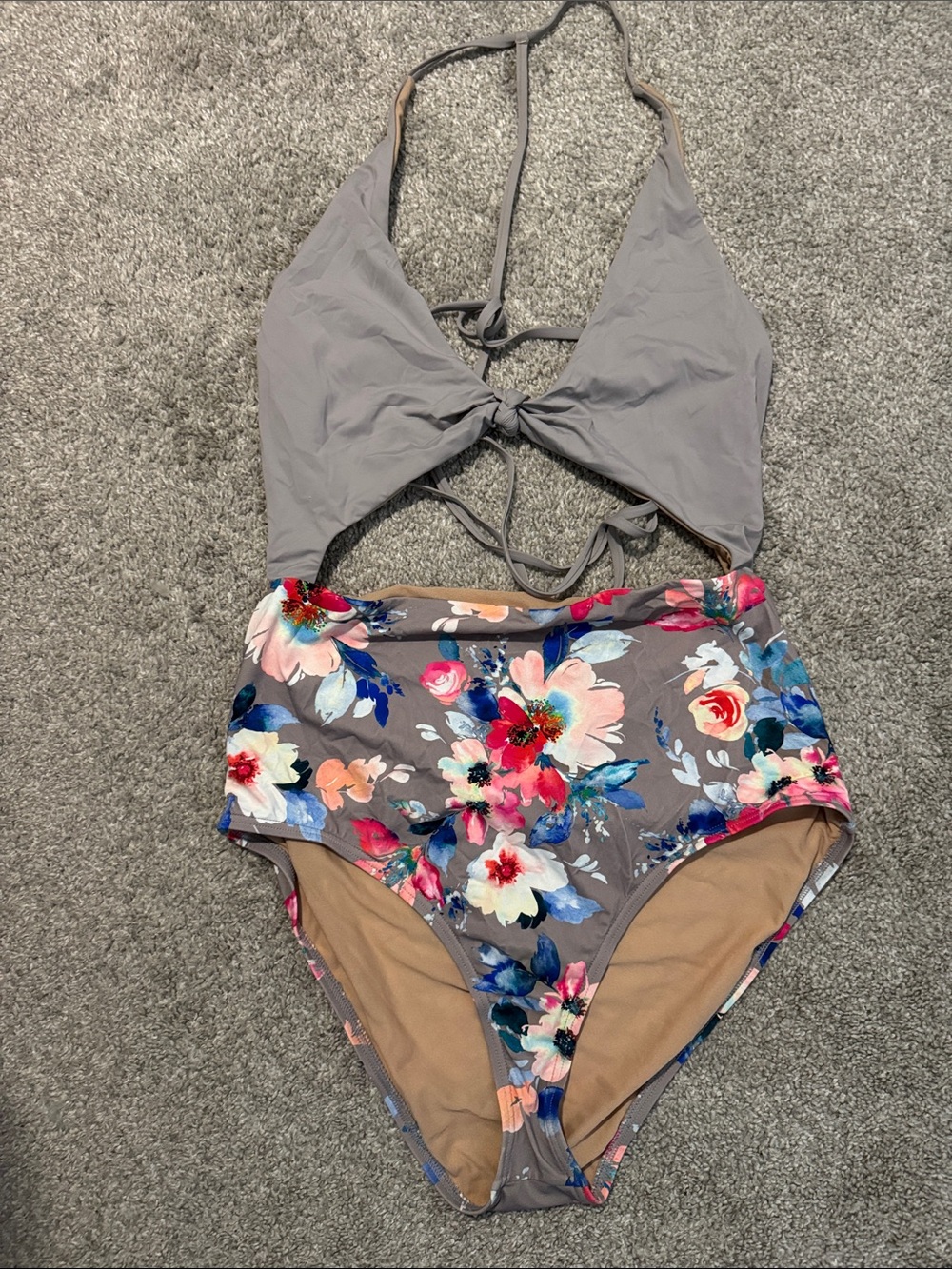 Gray Floral High-Waist One-Piece Swimsuit